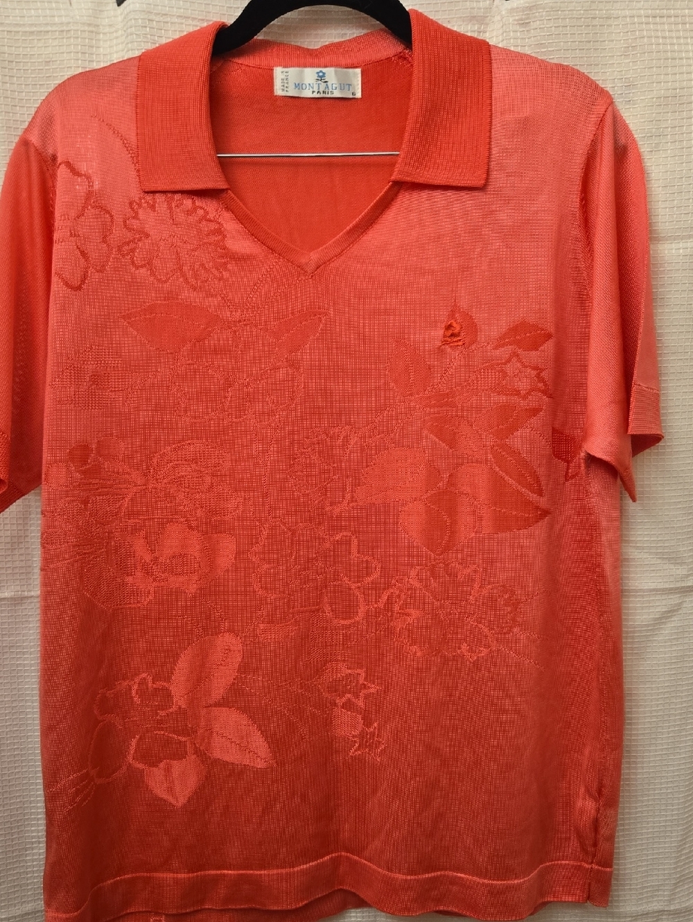 Montagut Paris Coral Jacquard Polo Top V Neck Short Sleeve Textured Knit Size 6